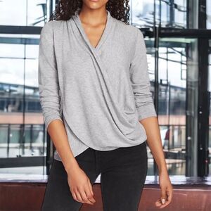 Copper Fit Women's Blouse Shirt Heather Gray Faux Wrap Long‎ Sleeve Top sz L